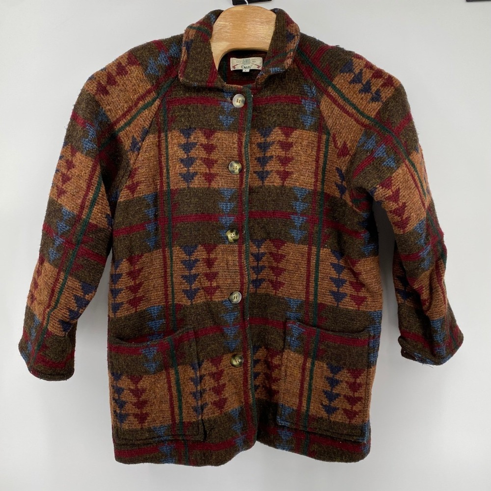 Orvis Jacket Women Large Brown Multi Wool Blend Southwestern Geometric Button Up